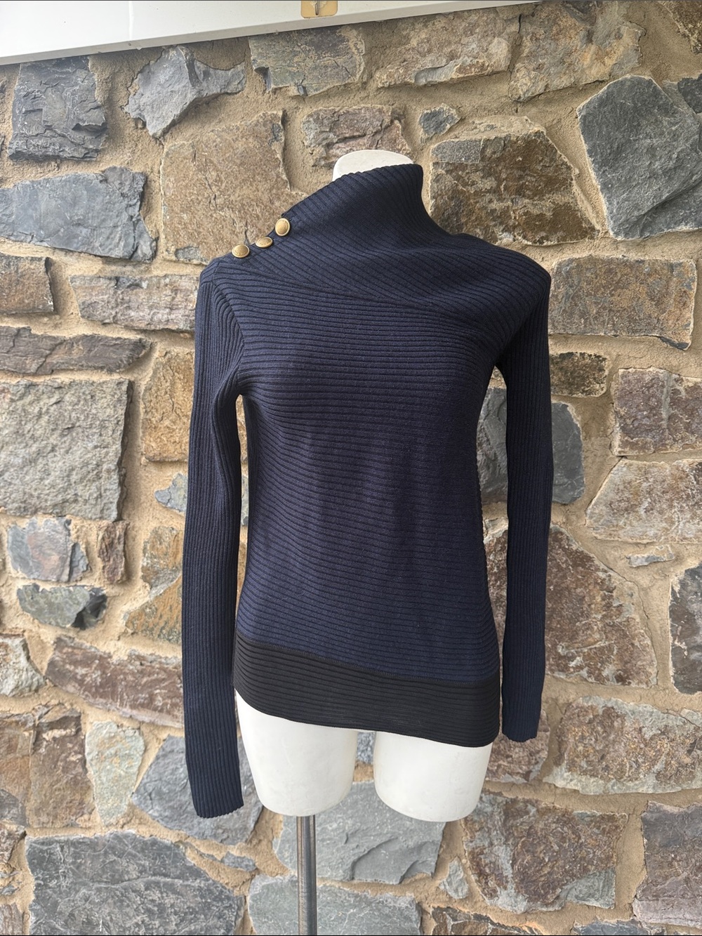 Rag & Bone Navy Merino Wool Ribbed High Low Turtleneck Sweater S